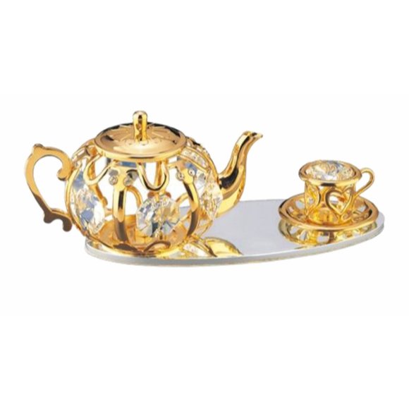 Gold Plated Tea Set On Mirror Base Table Top Display with Swarovski® Crystals Vi - Picture 1 of 16